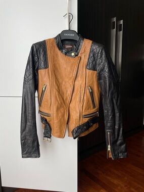 Danier Two-Tone Brown and Black Leather Moto Jacket